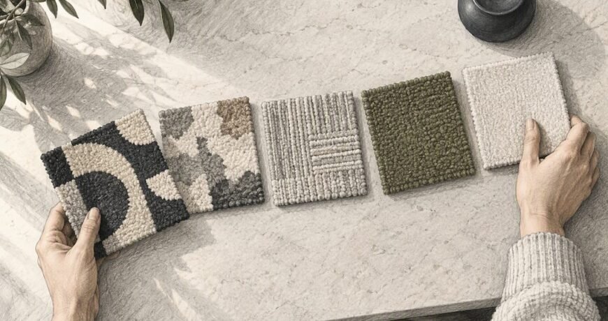 Hands comparing modern rug style swatches