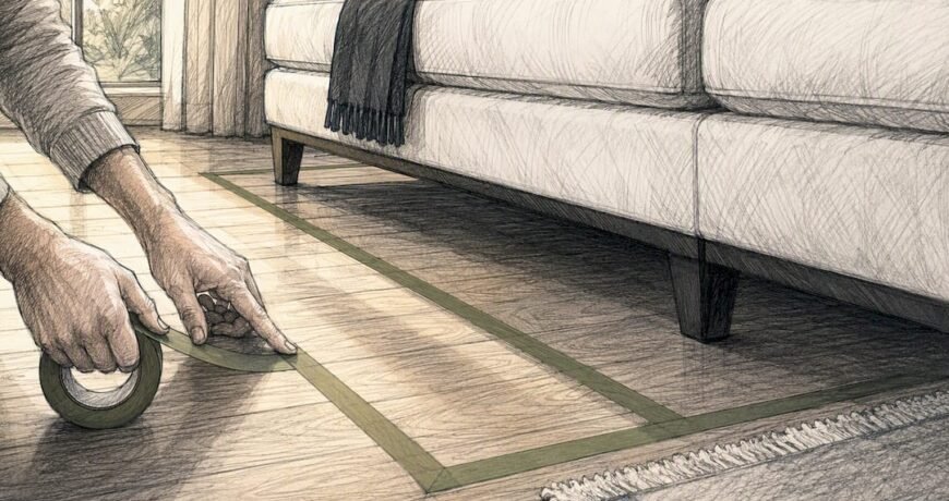 Hands taping rug footprint beneath sectional