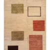 Full overhead view of a 5' 0" x 7' 0" hand-knotted Afghan Choobi wool rug featuring a minimalist modern geometric design with terracotta, olive green, and espresso color-block rectangles on an ivory-beige field.