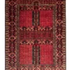 Full overhead view of a 6' 0" x 8' 0" hand-knotted Afghan Torkman wool rug with prayer niche arch motifs, columnar cartouches, and geometric diamond borders on a vibrant red field.