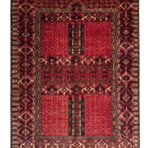 Full overhead view of a 6' 0" x 8' 0" hand-knotted Afghan Torkman wool rug with prayer niche arch motifs, columnar cartouches, and geometric diamond borders on a vibrant red field.