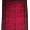Full overhead view of a 7' 0" x 10' 0" hand-knotted Afghan Torkman wool rug featuring an all-over diamond gul and geometric floral pattern on a vibrant crimson red field with a dark patterned border.