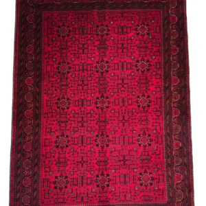 Full overhead view of a 7' 0" x 10' 0" hand-knotted Afghan Torkman wool rug featuring an all-over diamond gul and geometric floral pattern on a vibrant crimson red field with a dark patterned border.