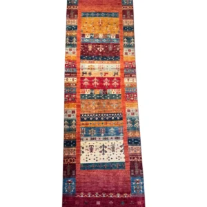 Full overhead view of a 2' 5" x 10' 0" hand-knotted Afghan Uzbek wool runner rug featuring horizontal multicolored panels with tree-of-life and tribal geometric motifs framed by a patchwork border.