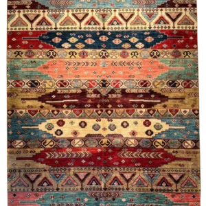 Full overhead view of a 5' 0" x 7' 0" hand-knotted Afghan Uzbek wool rug featuring horizontal striped bands with stepped medallions, chevron arrows, and tribal geometric motifs in red, teal, gold, and blue.
