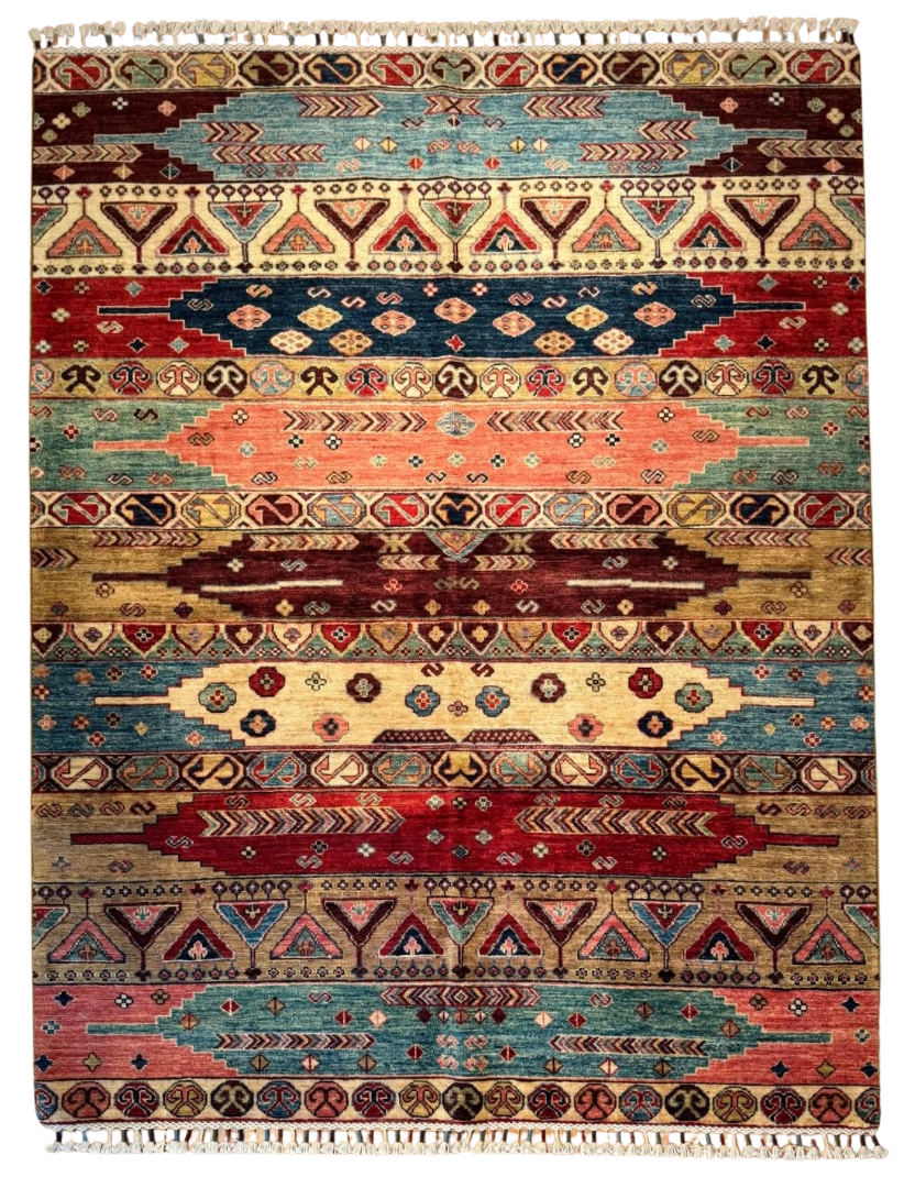 Full overhead view of a 5' 0" x 7' 0" hand-knotted Afghan Uzbek wool rug featuring horizontal striped bands with stepped medallions, chevron arrows, and tribal geometric motifs in red, teal, gold, and blue.