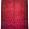 Full overhead view of a 4' 0" x 7' 4" hand-knotted Afghan Torkman wool rug featuring stepped diamond guls, stylized cruciform tree motifs, and arched geometric borders on a vibrant crimson red field.