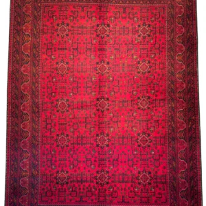 Full overhead view of a 4' 0" x 7' 4" hand-knotted Afghan Torkman wool rug featuring stepped diamond guls, stylized cruciform tree motifs, and arched geometric borders on a vibrant crimson red field.