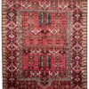Full overhead view of a 5' 0" x 7' 0" hand-knotted Afghan Torkman wool rug with traditional tribal geometric motifs, arch panels, and serrated diamond borders on a vibrant red field.