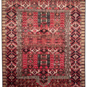 Full overhead view of a 5' 0" x 7' 0" hand-knotted Afghan Torkman wool rug with traditional tribal geometric motifs, arch panels, and serrated diamond borders on a vibrant red field.