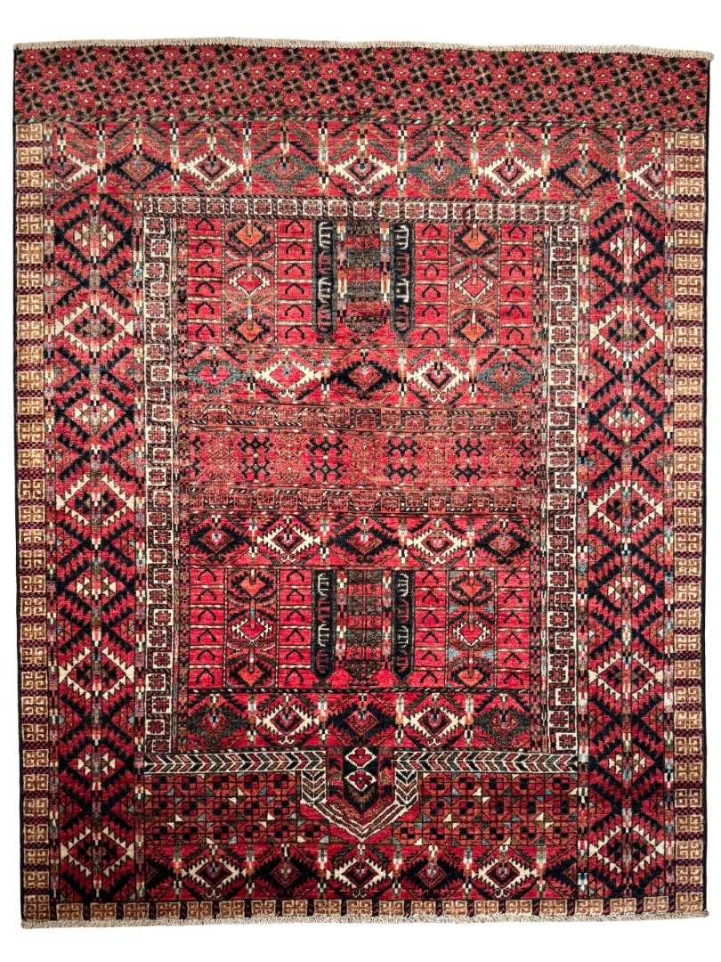 Full overhead view of a 5' 0" x 7' 0" hand-knotted Afghan Torkman wool rug with traditional tribal geometric motifs, arch panels, and serrated diamond borders on a vibrant red field.
