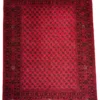 Full overhead view of a 6' 9" x 9' 8" hand-knotted Afghan Torkman wool rug with dense rows of geometric gul medallions on a deep ruby-red field with multi-tiered borders.
