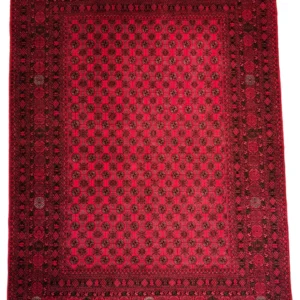 Full overhead view of a 6' 9" x 9' 8" hand-knotted Afghan Torkman wool rug with dense rows of geometric gul medallions on a deep ruby-red field with multi-tiered borders.