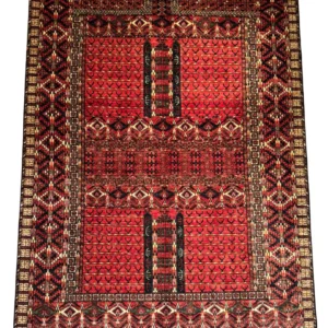 Full overhead view of a 7' 0" x 10' 0" hand-knotted Afghan Torkman wool rug with prayer niche arch motifs, columnar cartouches, and geometric diamond borders on a rich crimson red field.