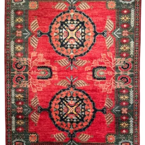 Full overhead view of a 5' 0" x 7' 0" hand-knotted Afghan Uzbek wool rug featuring two large circular medallions on a rich crimson red field with a dark green geometric floral border.