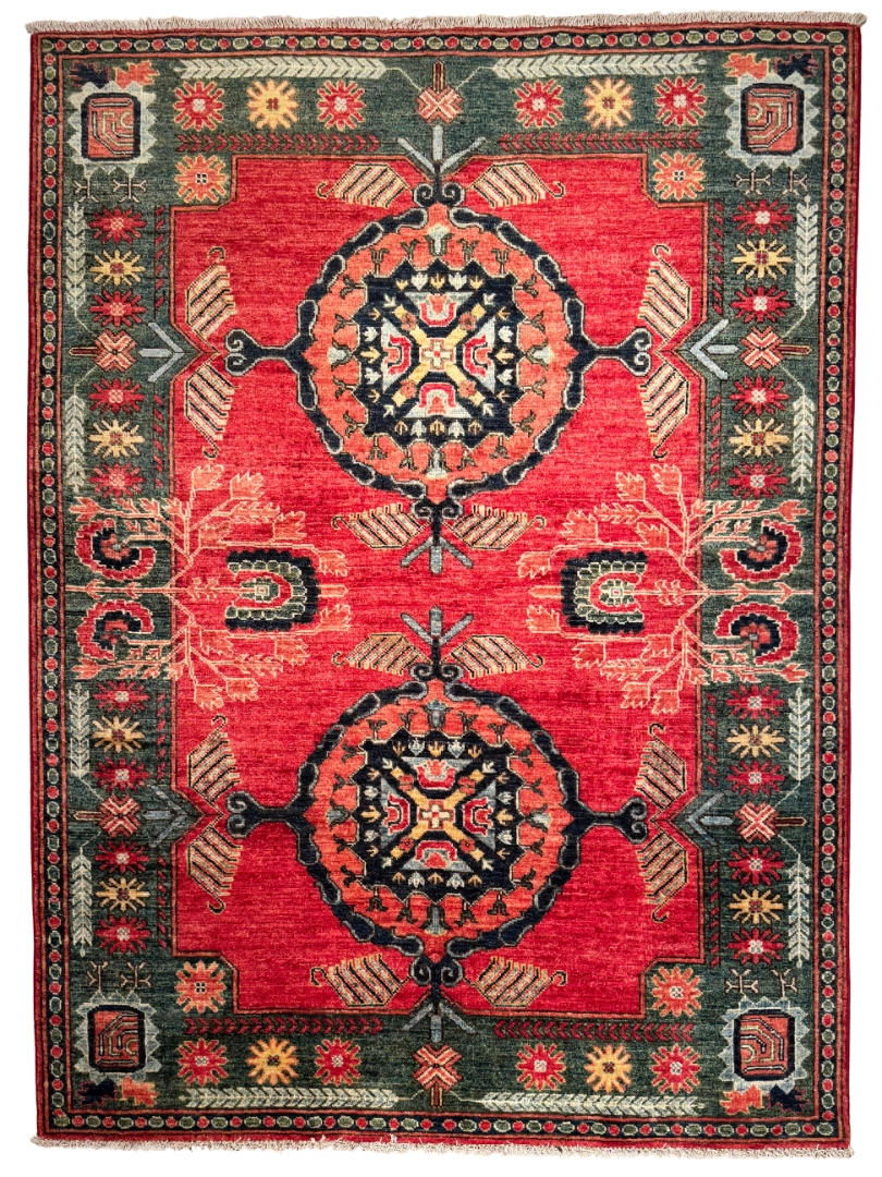 Full overhead view of a 5' 0" x 7' 0" hand-knotted Afghan Uzbek wool rug featuring two large circular medallions on a rich crimson red field with a dark green geometric floral border.