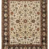 Full overhead view of a 7' 1" x 9' 7" hand-knotted Persian Mashhad wool rug featuring a cream field with floral vines and a dark navy border.