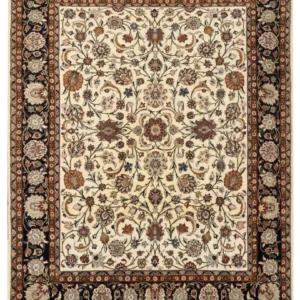 Full overhead view of a 7' 1" x 9' 7" hand-knotted Persian Mashhad wool rug featuring a cream field with floral vines and a dark navy border.