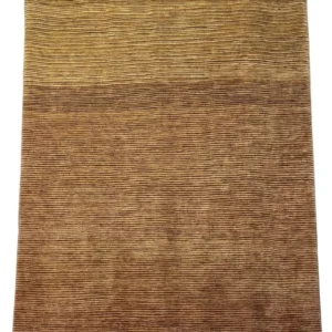 Full overhead view of a 6' 7" x 9' 8" hand-knotted Afghanistan Gabbeh wool rug featuring a minimalist ribbed texture with natural tan, mustard, and golden-brown abrash color gradient.