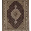 Full overhead view of a 6' 9" x 10' 2" hand-knotted India Mahi fish wool rug featuring a dark espresso central field with a multi-layered cream medallion.
