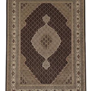 Full overhead view of a 6' 9" x 10' 2" hand-knotted India Mahi fish wool rug featuring a dark espresso central field with a multi-layered cream medallion.