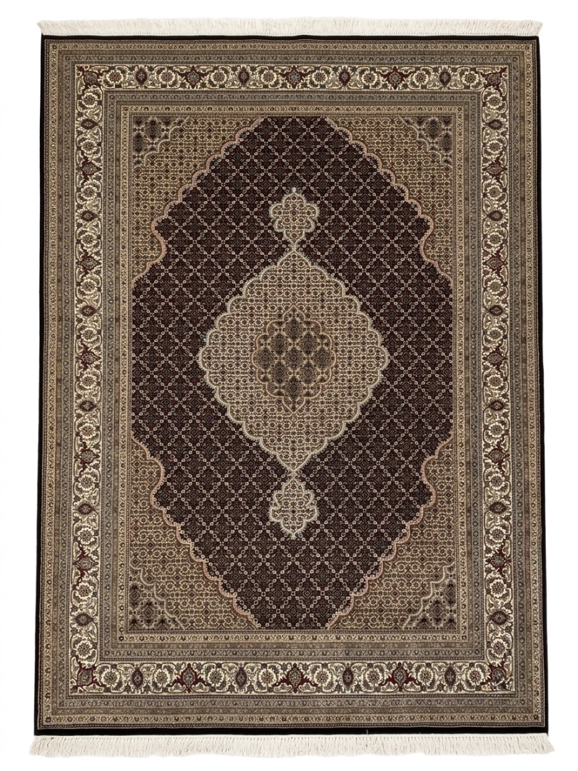 Full overhead view of a 6' 9" x 10' 2" hand-knotted India Mahi fish wool rug featuring a dark espresso central field with a multi-layered cream medallion.