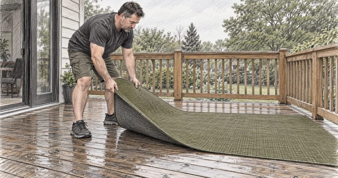 Homeowner lifting outdoor rug on deck