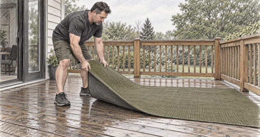 Homeowner lifting outdoor rug on deck