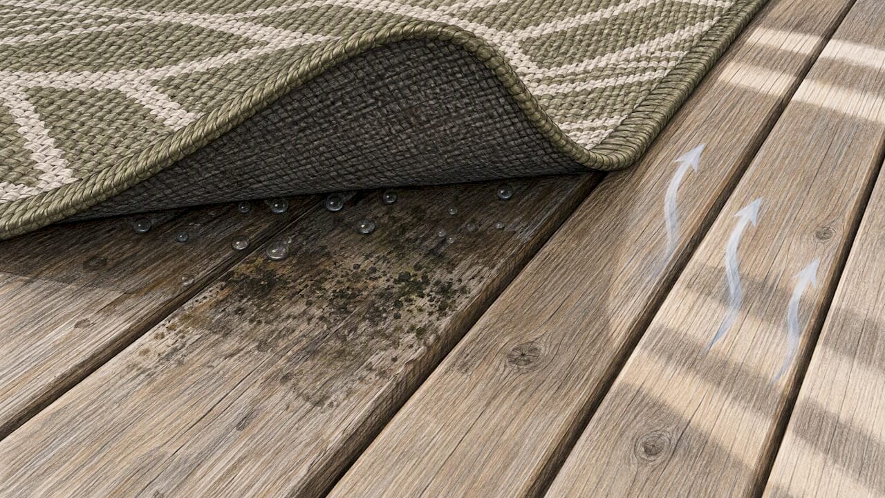 Moisture trapped between rug and deck boards
