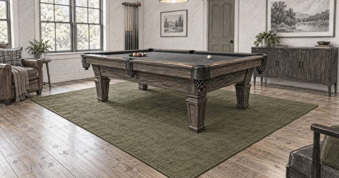 Pool table centered on low pile rug