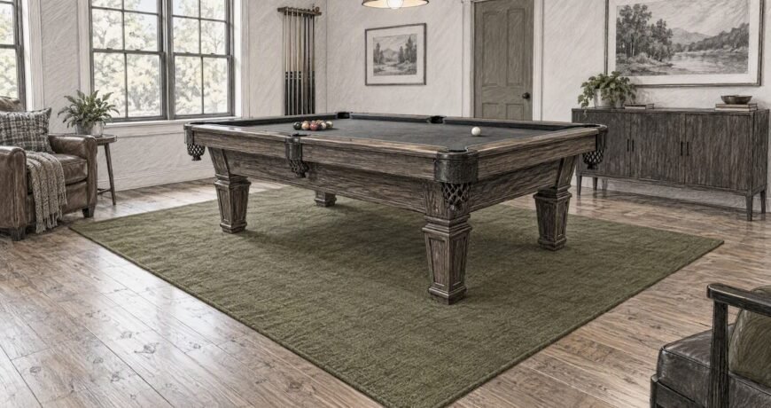 Pool table centered on low pile rug