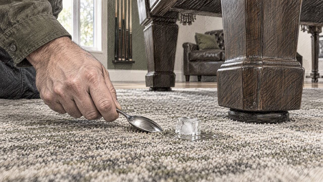 Repairing a rug dent near pool table leg