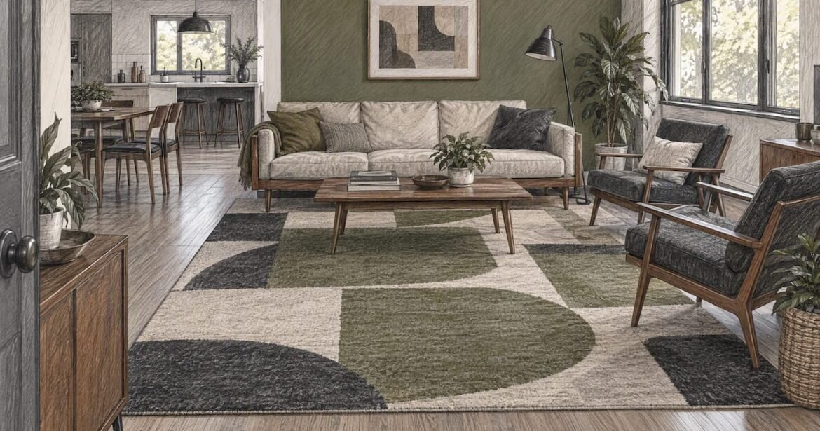Mid-century living room with geometric area rug