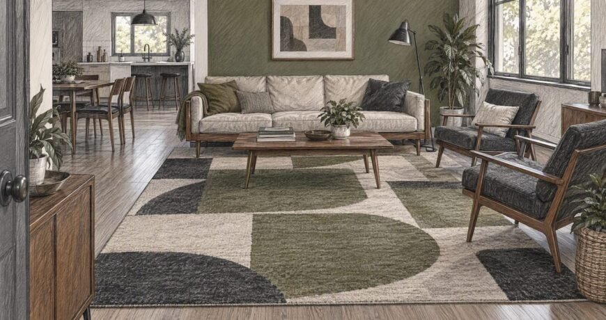 Mid-century living room with geometric area rug