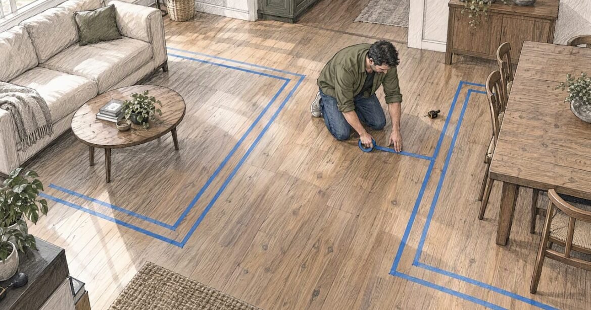 Two rug footprints taped on dining room floor