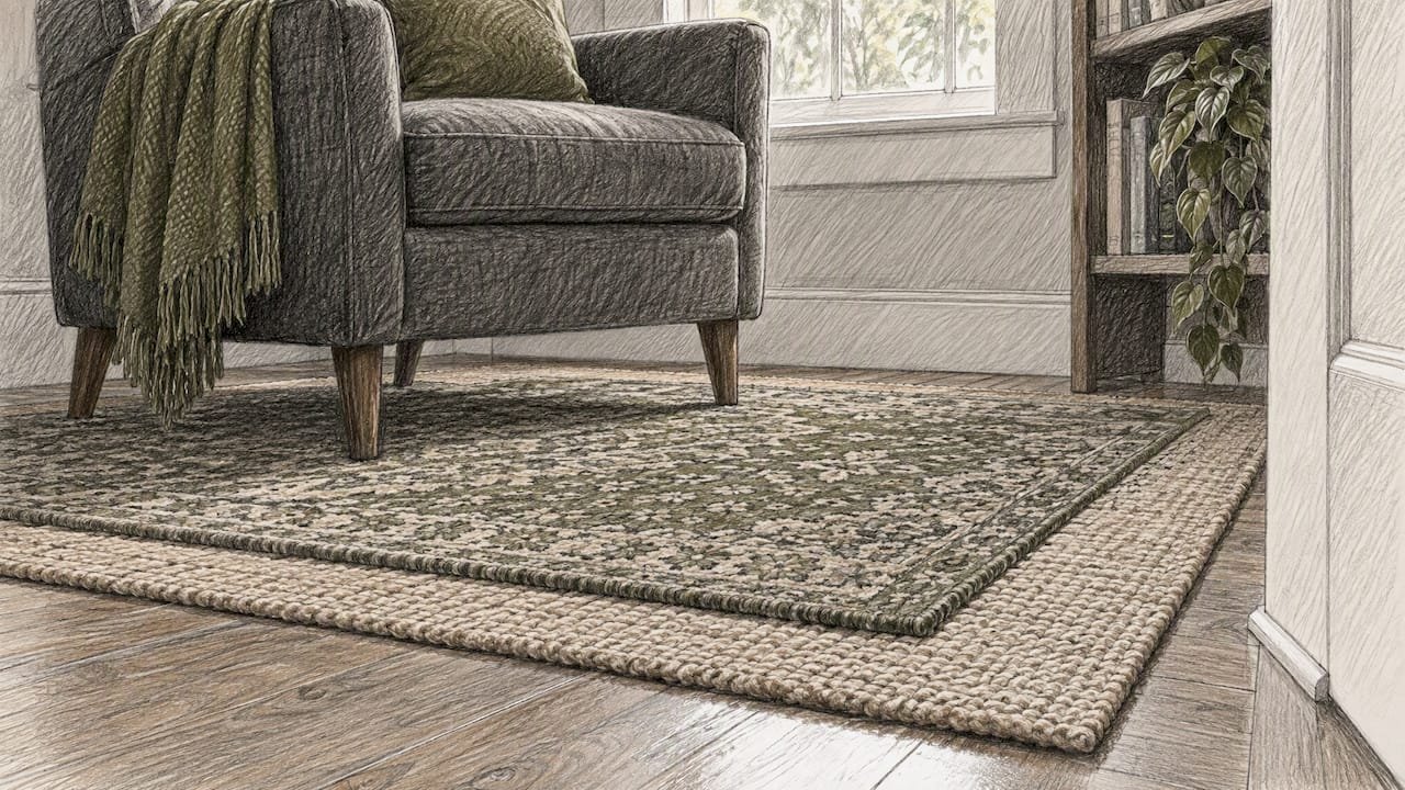 Layered base and topper rugs in reading nook