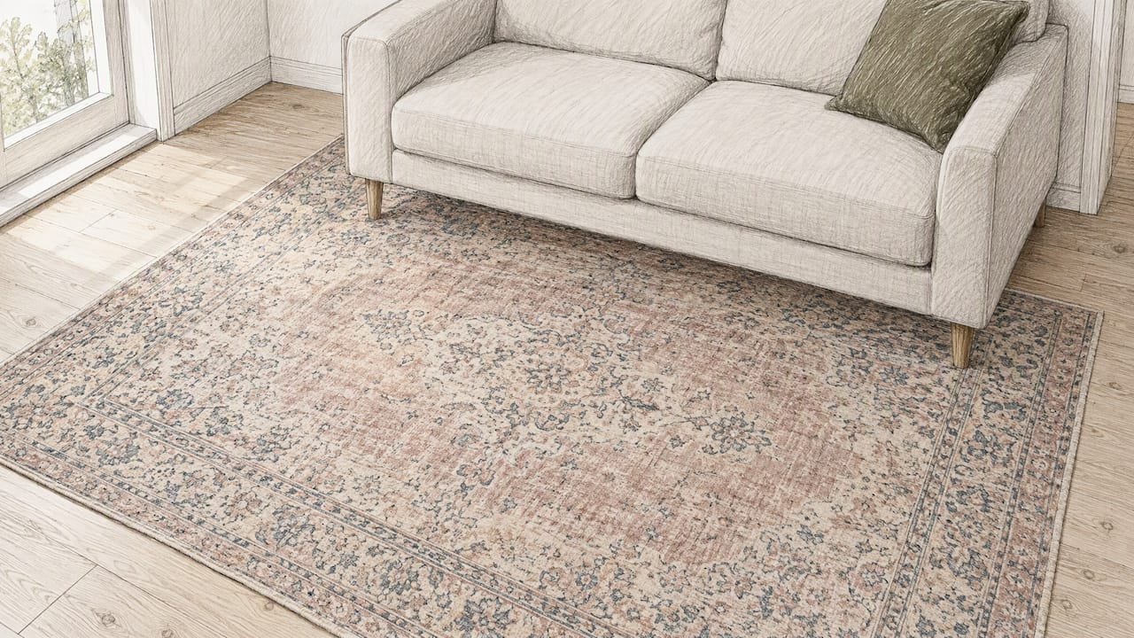 Faded Persian rug in a pale modern room