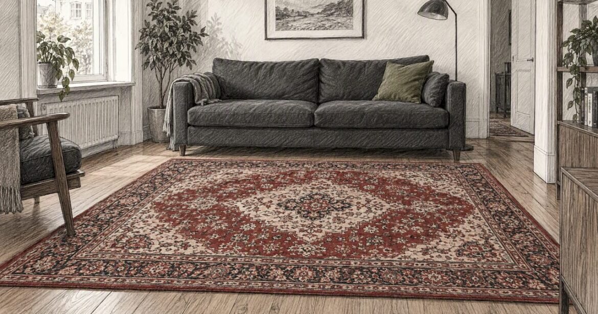 Bold Persian rug beneath a charcoal sofa