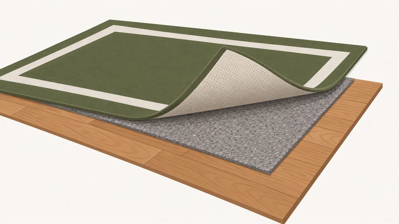 Layered rug pad and hardwood floor cutaway