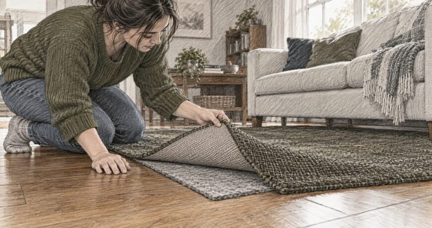 Rug corner lifted to reveal pad on hardwood
