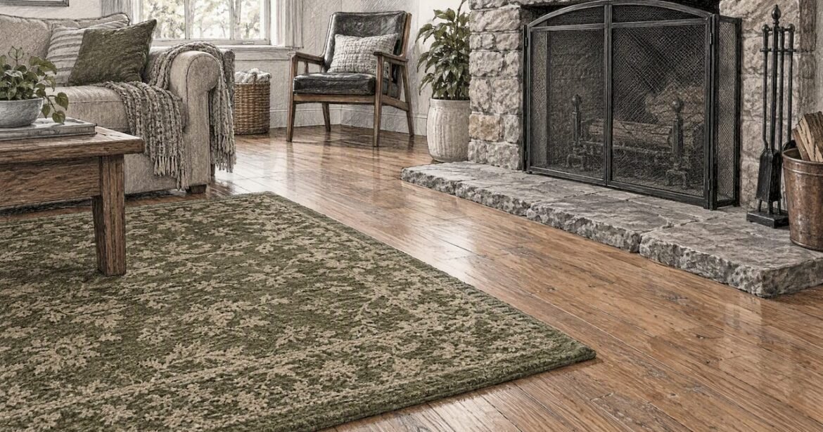 Wool rug set back from a screened fireplace