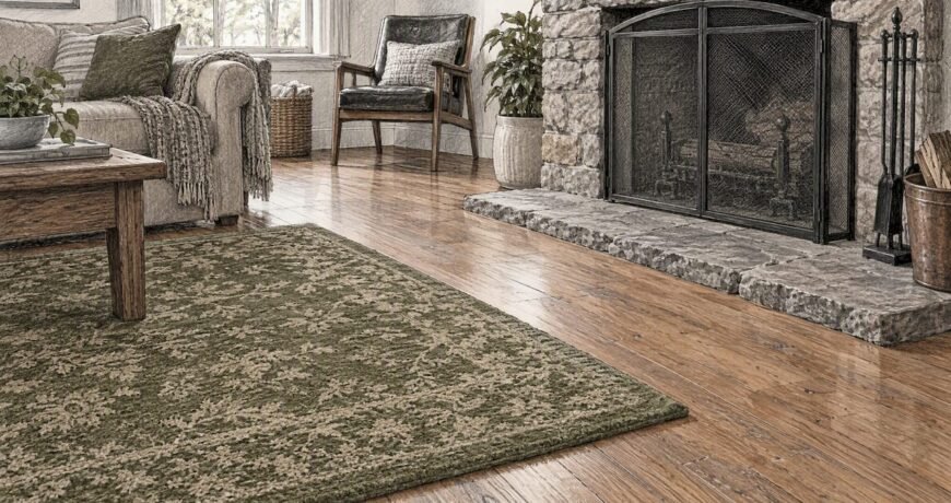 Wool rug set back from a screened fireplace