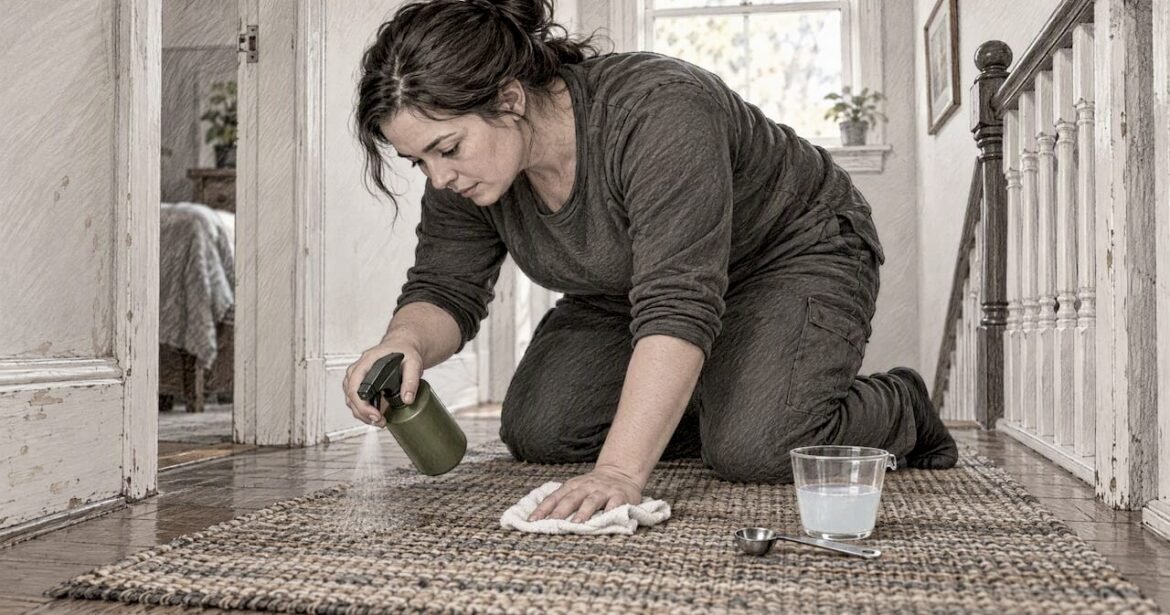 Homeowner lightly misting a rug to deodorize it