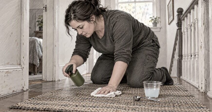 Homeowner lightly misting a rug to deodorize it