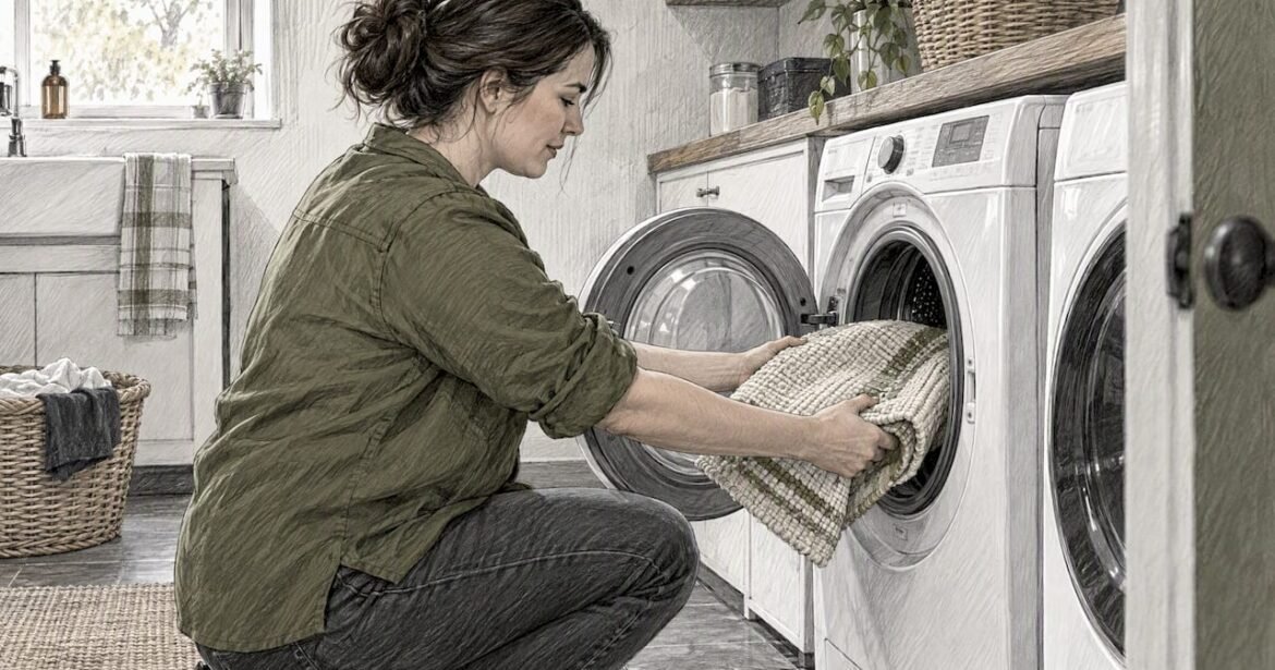 Homeowner loading a small cotton rug into washer