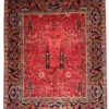 Full overhead view of an 8' 0" x 10' 0" hand-knotted Afghan Bakhtiar wool rug featuring cypress tree-of-life motifs on a crimson red field with a bold navy floral border.