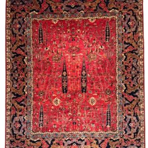 Full overhead view of an 8' 0" x 10' 0" hand-knotted Afghan Bakhtiar wool rug featuring cypress tree-of-life motifs on a crimson red field with a bold navy floral border.
