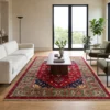 6' 0" x 8' 0" Afghan Kazak wool rug styled in a sunlit modern living room with a low wood coffee table, cream bouclé sofa, and olive-green armchairs