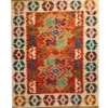 Full overhead view of a 3' 0" x 4' 0" hand-knotted Afghan Kilim flat-weave wool rug featuring colorful stepped diamond medallions on an orange-red field with an ivory geometric border.