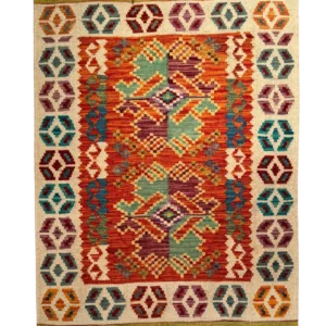 Full overhead view of a 3' 0" x 4' 0" hand-knotted Afghan Kilim flat-weave wool rug featuring colorful stepped diamond medallions on an orange-red field with an ivory geometric border.